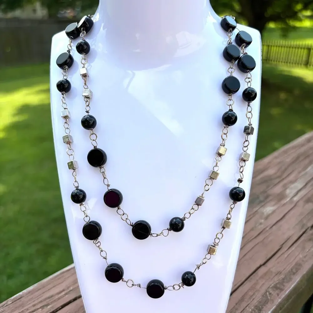 Vintage Black Glass Bead Station Necklace Long 40